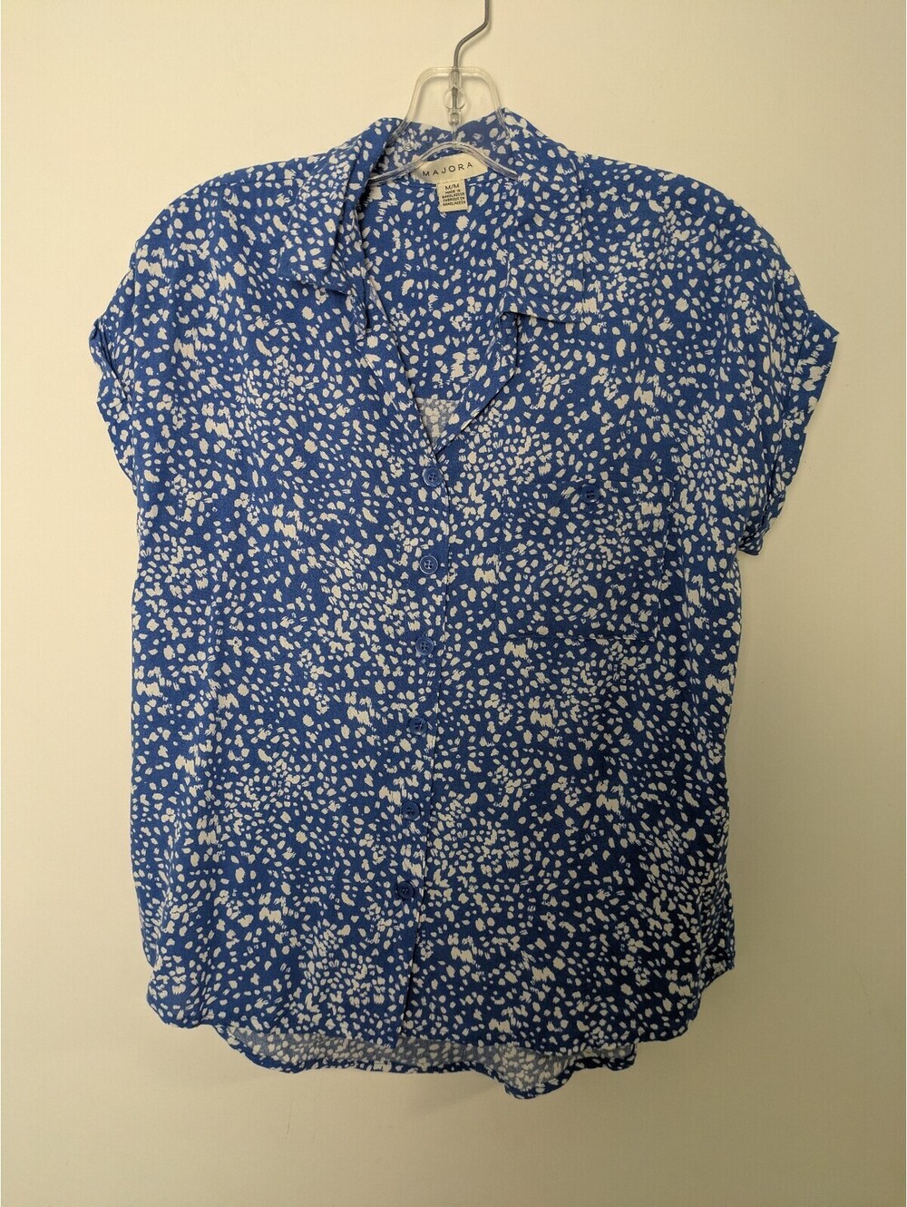Majora Cornflower Blue Floral Print Short Sleeve Button Down Size M Rayon Blouse